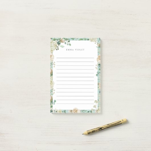 Mint & Cream  Waterverf Floral Name Post-it® Notes (Op bureau)