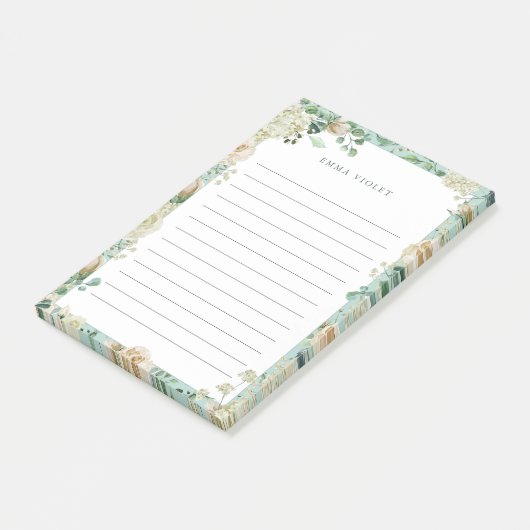 Mint & Cream  Waterverf Floral Name Post-it® Notes (Schuin)