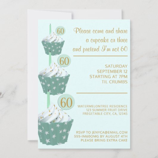 Mint Cupcake 60th Birthday Party Invitation Kaart (Voorkant)