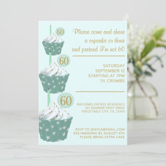 Mint Cupcake 60th Birthday Party Invitation Kaart (Staand voorkant)