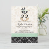 MINT DAMASK BABY CARRIAGE BABY SHOWER KAART (Staand voorkant)
