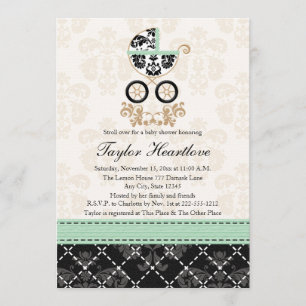 MINT DAMASK BABY CARRIAGE BABY SHOWER KAART