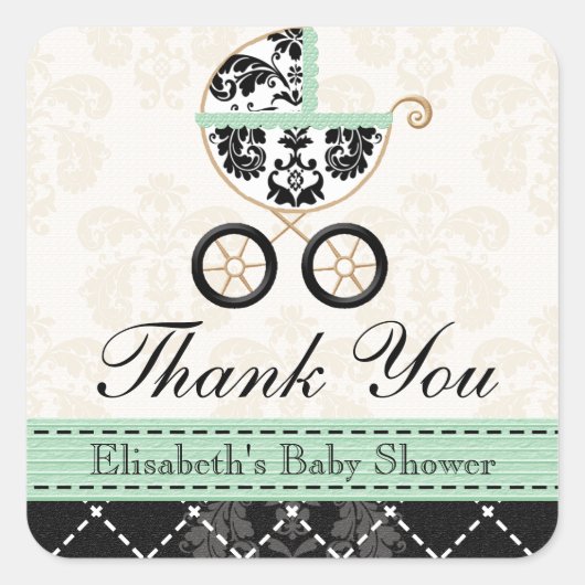 MINT DAMASK BABY CARRIAGE DANK U VIERKANTE STICKER (Voorkant)