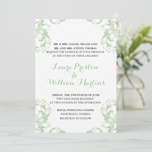 Mint Damask bruiloft uitnodiging (Staand voorkant)