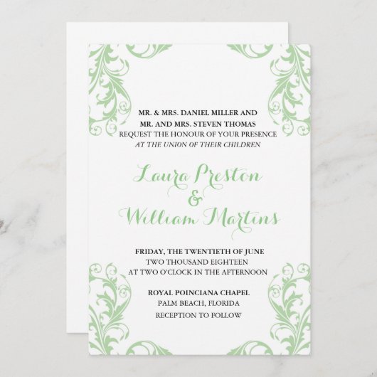 Mint Damask bruiloft uitnodiging (Voorkant / Achterkant)