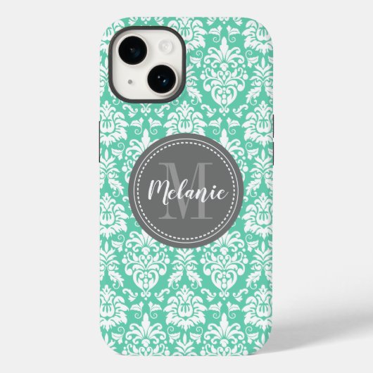 Mint Damask Gray Monogram Naam Case-Mate iPhone Case (Achterkant)