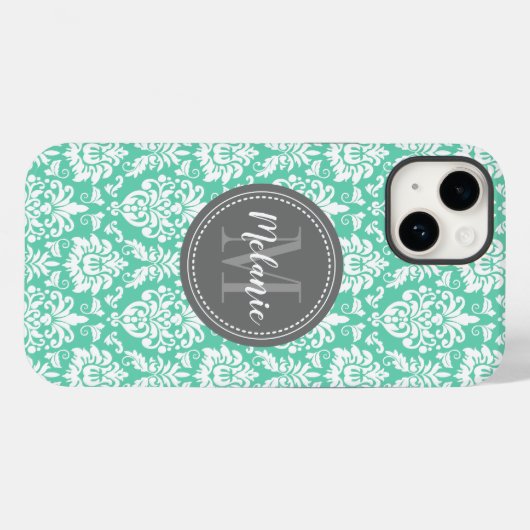 Mint Damask Gray Monogram Naam Case-Mate iPhone Case (Achterkant (horizontaal))