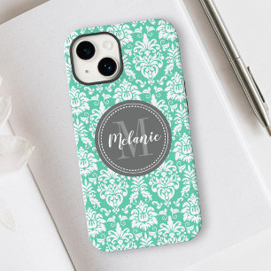 Mint Damask Gray Monogram Naam Case-Mate iPhone 14 Hoesje