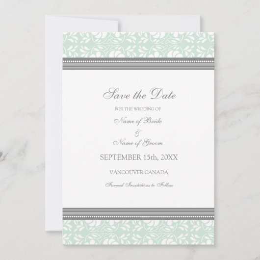 Mint Damask Photo Wedding Save the Date Card (Voorkant)