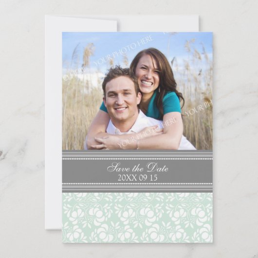 Mint Damask Photo Wedding Save the Date Card (Achterkant)