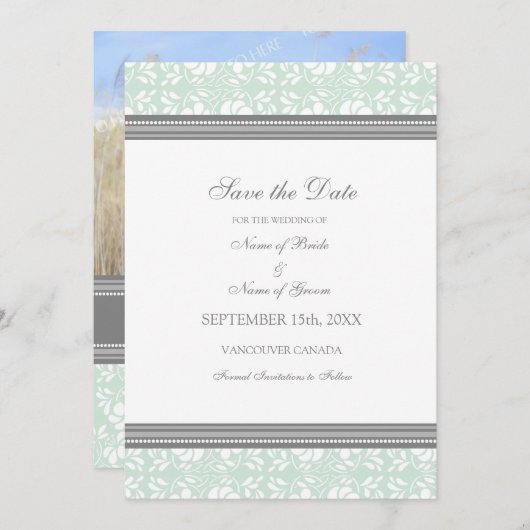 Mint Damask Photo Wedding Save the Date Card (Voorkant / Achterkant)