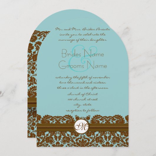 Mint Damask Wedding Monogram Uitnodigingen (Voorkant / Achterkant)