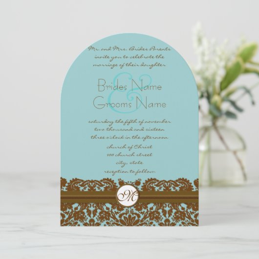 Mint Damask Wedding Monogram Uitnodigingen (Staand voorkant)