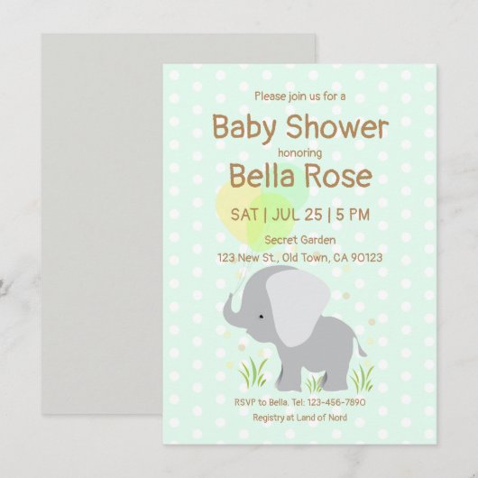Mint Elephant Baby Shower Invitations Kaart (Voorkant / Achterkant)