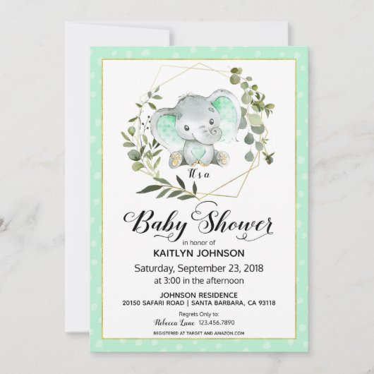 Mint Elephant Modern Baby shower Kaart (Voorkant)