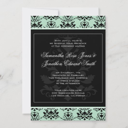 Mint en Black Damask Wedding Invitation Kaart (Voorkant)