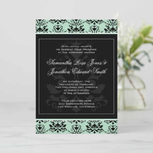 Mint en Black Damask Wedding Invitation Kaart (Staand voorkant)