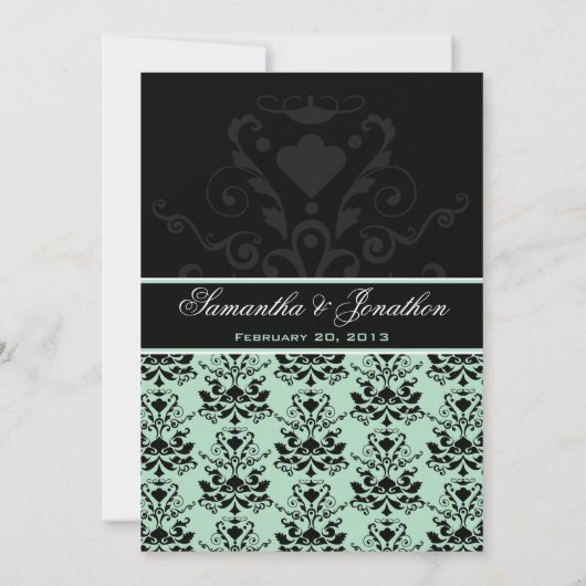 Mint en Black Damask Wedding Invitation Kaart (Achterkant)