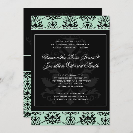 Mint en Black Damask Wedding Invitation Kaart (Voorkant / Achterkant)