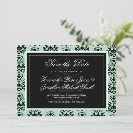 Mint en Black Damask Wedding Save the Date (Staand voorkant)