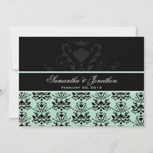 Mint en Black Damask Wedding Save the Date (Achterkant)