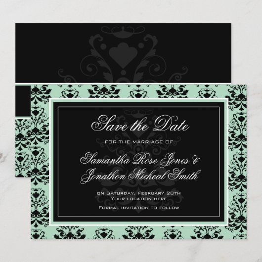 Mint en Black Damask Wedding Save the Date (Voorkant / Achterkant)