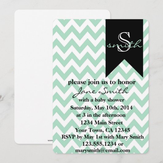 Mint en Black Monogram Baby shower Kaart (Voorkant / Achterkant)