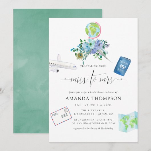 Mint en Blauw Boho Miss naar Mrs Bruiloftsfeest Kaart (Voorkant / Achterkant)