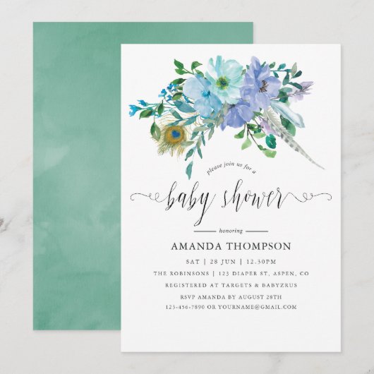 Mint en Blauwe Aquarel Boho Baby Shower Kaart (Voorkant / Achterkant)