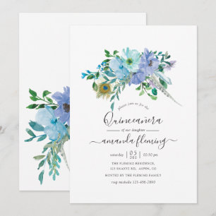 Mint en blauwe aquarel boho bloemrijke Quinceañera Kaart