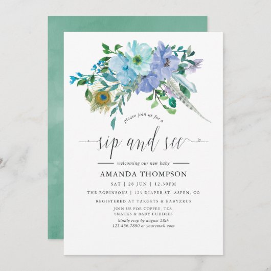 Mint en Blauwe Aquarel Boho Sip en See Kaart (Voorkant / Achterkant)