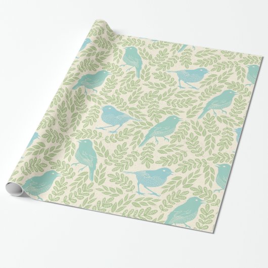 Mint en Blauwe Bird Green Leaf Pattern Cadeaupapier (Uitgerold)
