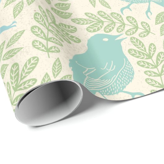 Mint en Blauwe Bird Green Leaf Pattern Cadeaupapier (Rol Hoek)