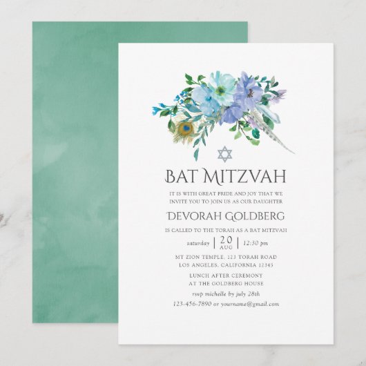 Mint en blauwe boho bloem Bat Mitzvah Kaart (Voorkant / Achterkant)