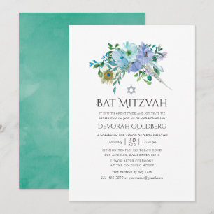Mint en blauwe boho bloem Bat Mitzvah Kaart