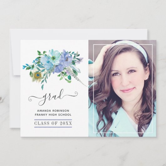 Mint en blauwe boho bloemengraduatie foto aankondiging (Voorkant)