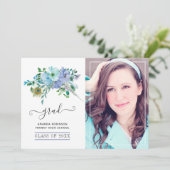 Mint en blauwe boho bloemengraduatie foto aankondiging (Staand voorkant)