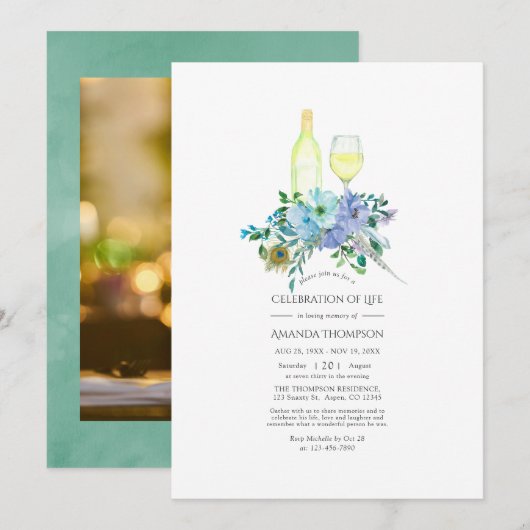 Mint en Blauwe Boho Wijn Thema Viering van het Lev Kaart (Voorkant / Achterkant)
