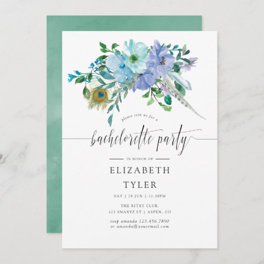 Mint en Blauwe Waterverf Boho Bachelorette Party Kaart (Voorkant / Achterkant)