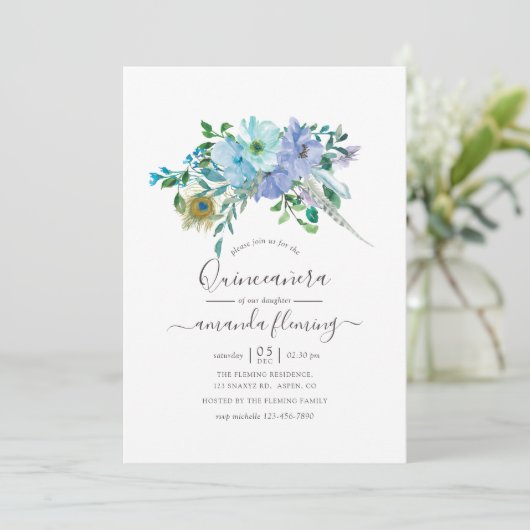 Mint en Blauwe Waterverf Boho Floral Quinceañera Kaart (Staand voorkant)