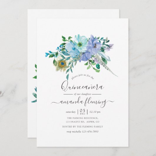 Mint en Blauwe Waterverf Boho Floral Quinceañera Kaart (Voorkant / Achterkant)