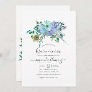 Mint en Blauwe Waterverf Boho Floral Quinceañera Kaart