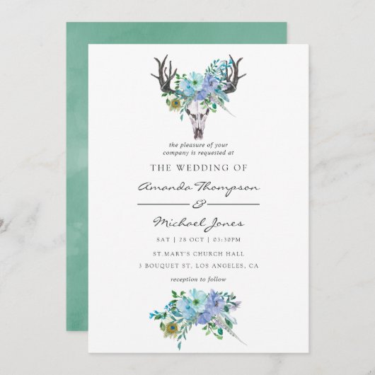 Mint en Blauwe Waterverf Boho Floral Wedding Kaart (Voorkant / Achterkant)