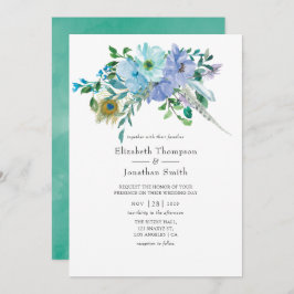 Mint en Blauwe Waterverf Boho Floral Wedding Kaart