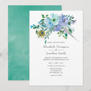 Mint en Blauwe Waterverf Boho Floral Wedding Kaart