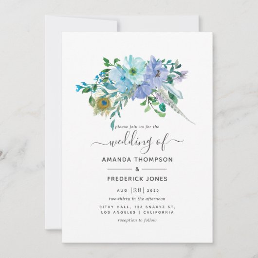 Mint en Blauwe Waterverf Boho Floral Wedding Kaart (Voorkant)