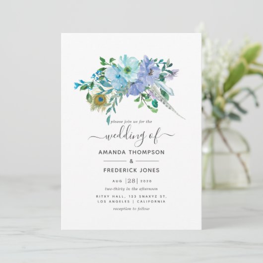 Mint en Blauwe Waterverf Boho Floral Wedding Kaart (Staand voorkant)