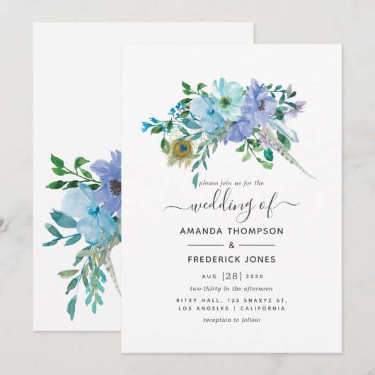 Mint en Blauwe Waterverf Boho Floral Wedding Kaart (Voorkant / Achterkant)