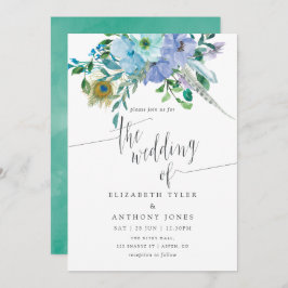 Mint en Blauwe Waterverf Boho Floral Wedding Kaart