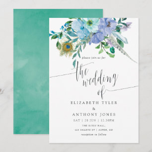 Mint en Blauwe Waterverf Boho Floral Wedding Kaart